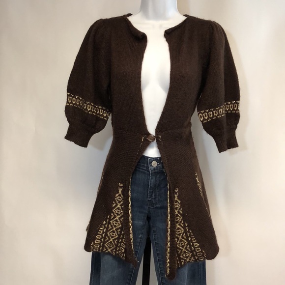 Chaudry KC Women’s Brown Gold Crochet Cardigan Sweater - Picture 2 of 9